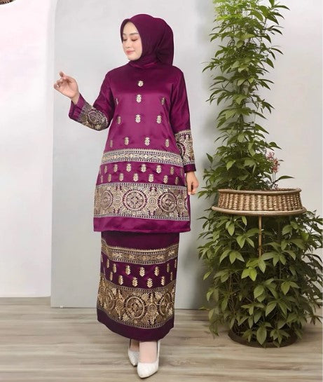 Baju Kurung embroidered in Satin, Luxury Tunic Baju Raya Various Color and Size, style Indo