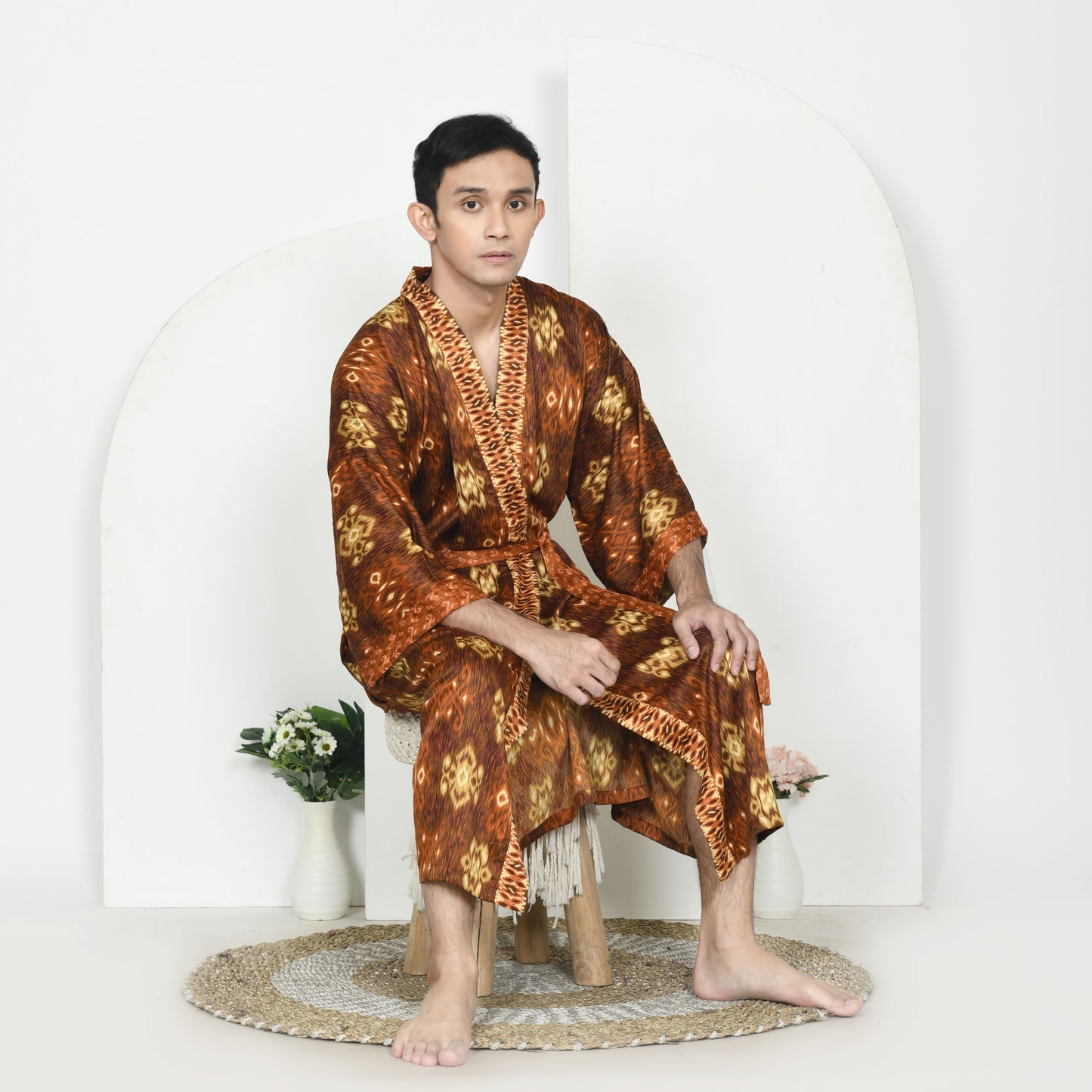 Brown Silk Robe Men, Male silk kimono handmade in  Bali