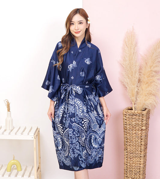 Blue Navy Silk Robe Kimono woman, Bali Silk Blend Bridal Robe, various size