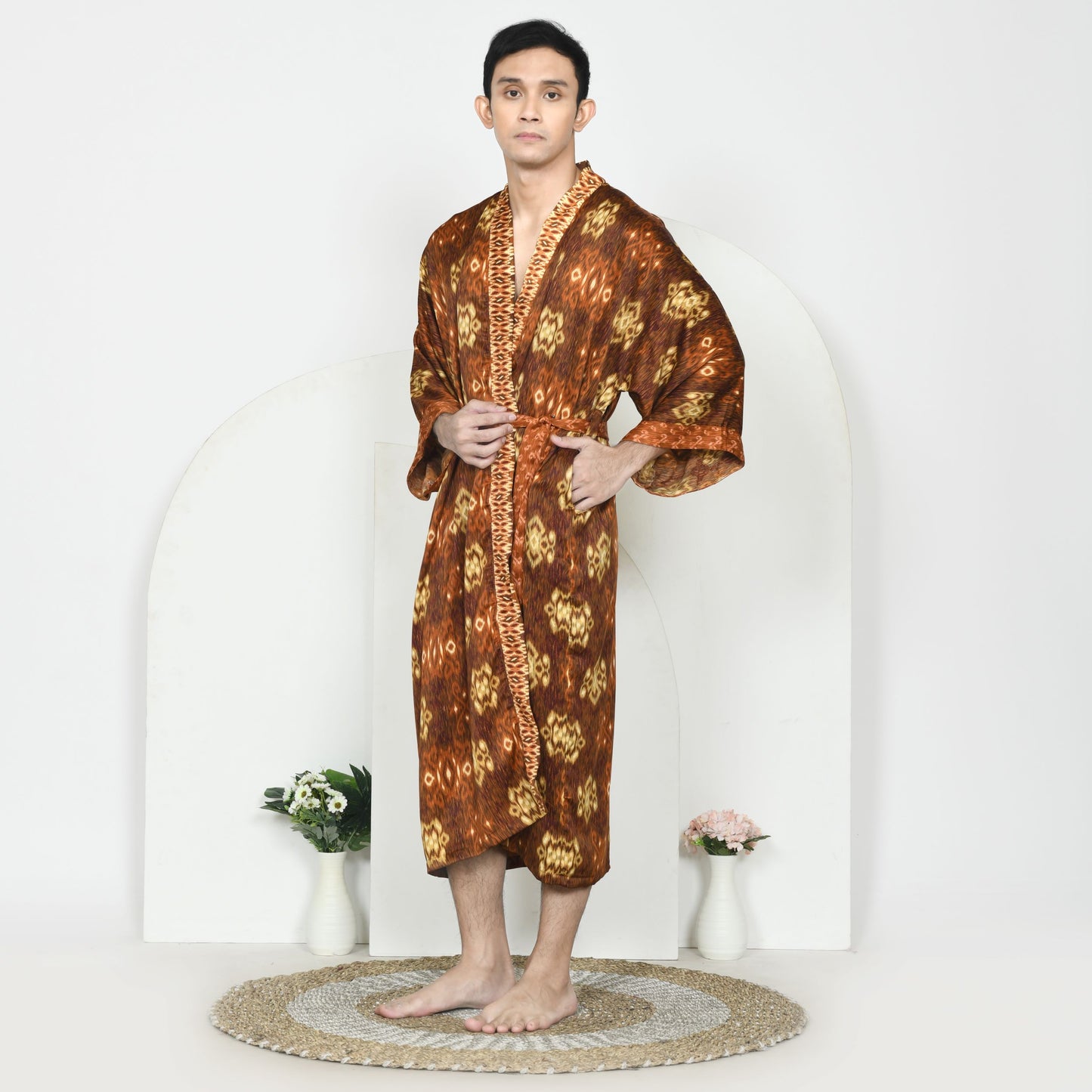 Brown Silk Robe Men, Male silk kimono handmade in  Bali