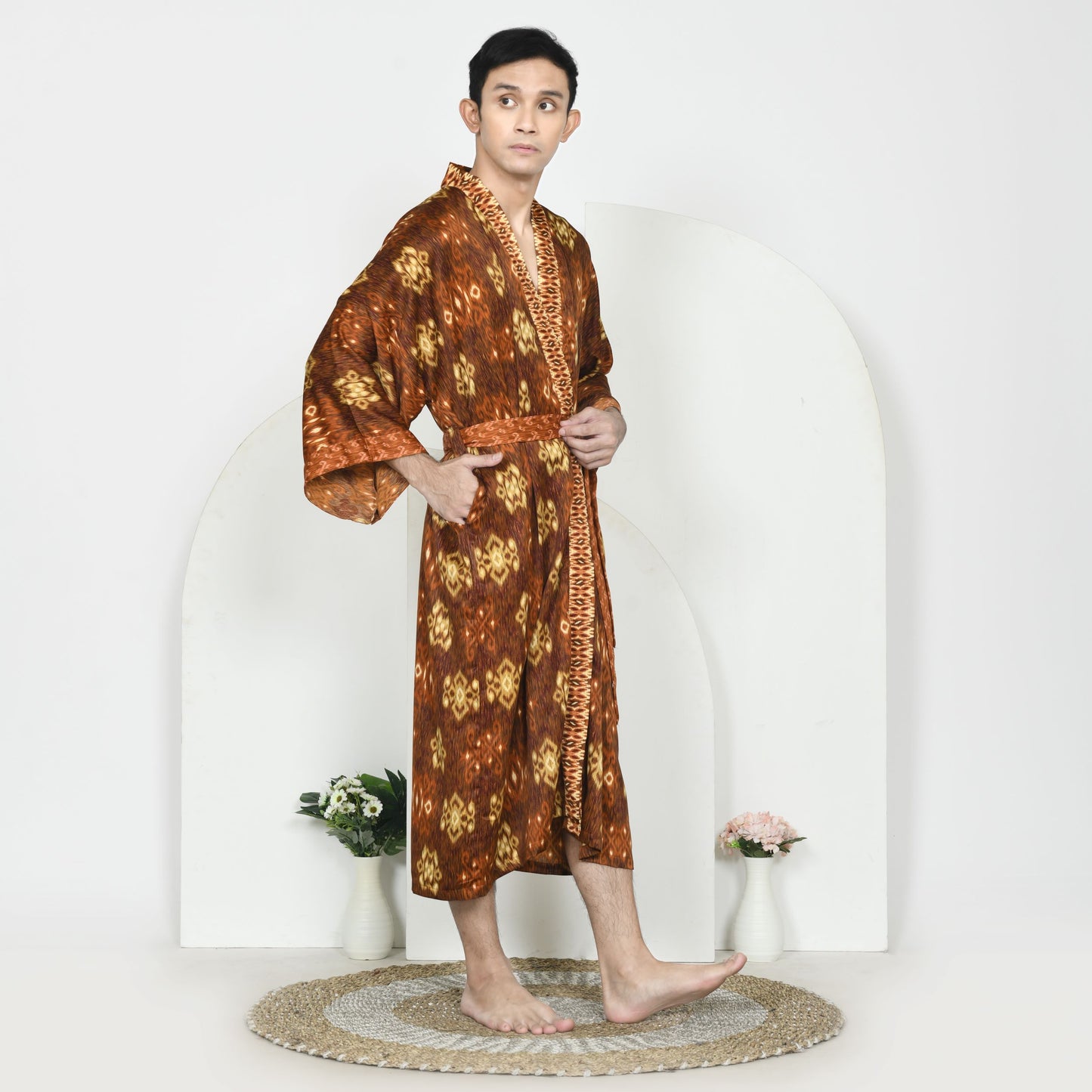 Brown Silk Robe Men, Male silk kimono handmade in  Bali